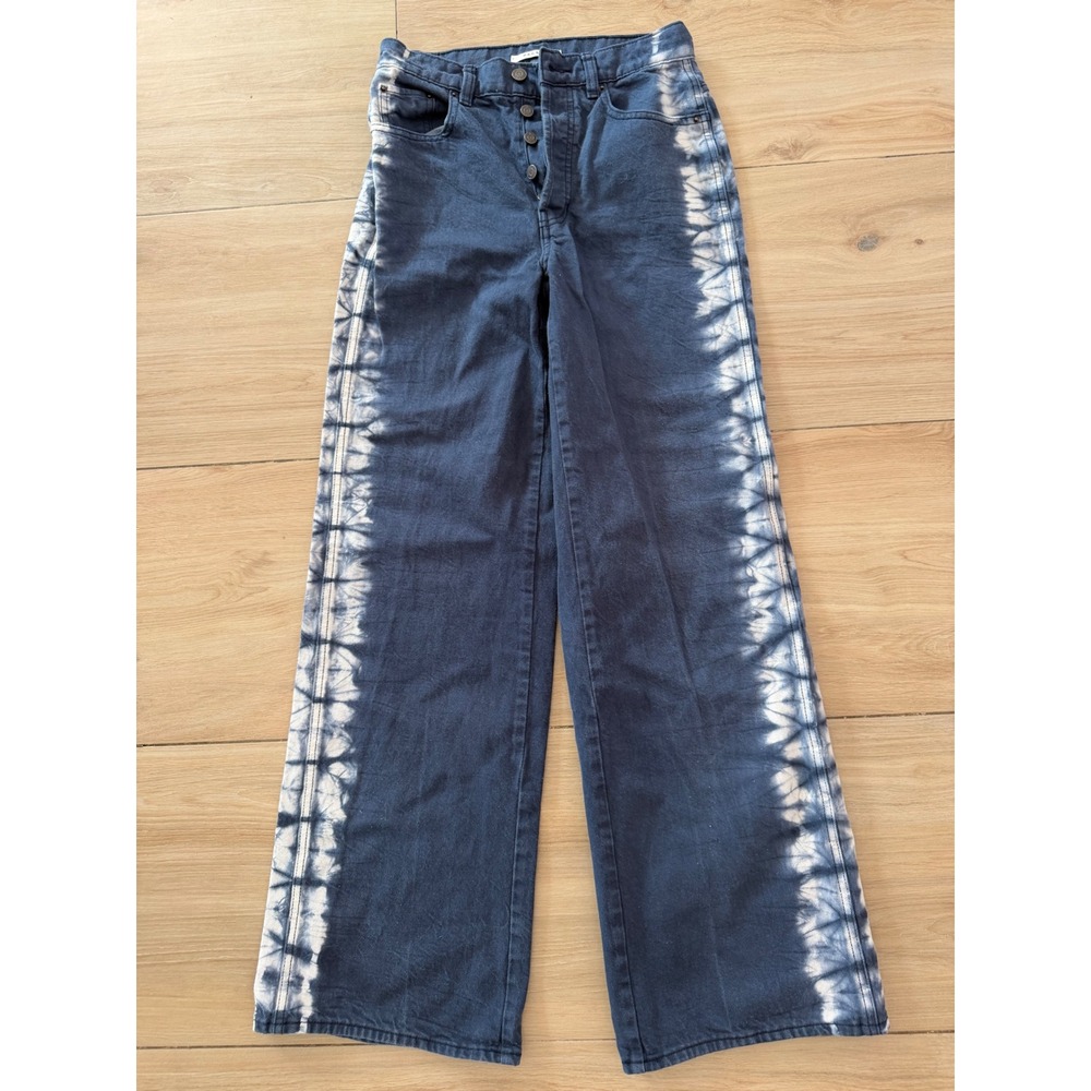 PacSun Baggy Jeans 26 Dark Wash Tie Dye Side Stripe Wide Leg Button Fly Denim